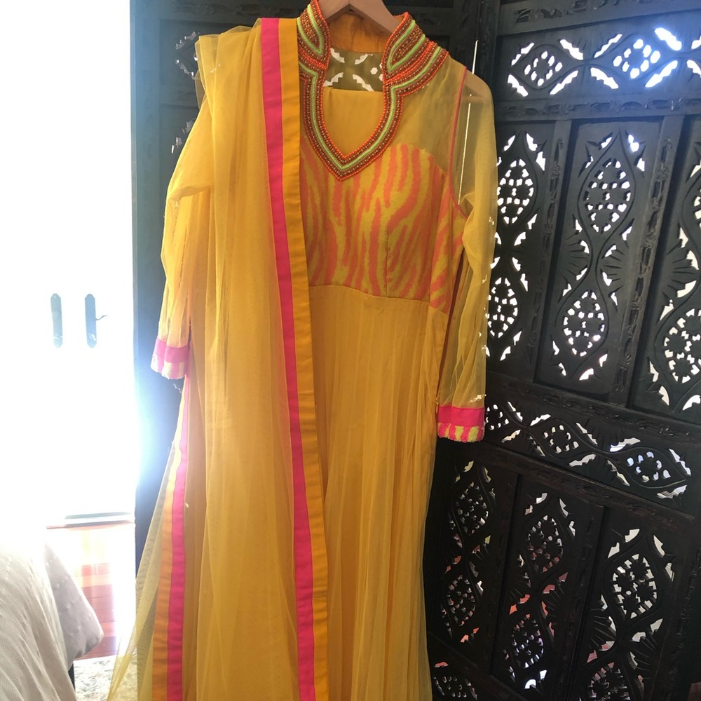 Yellow and pink Anarkali authentic Indian